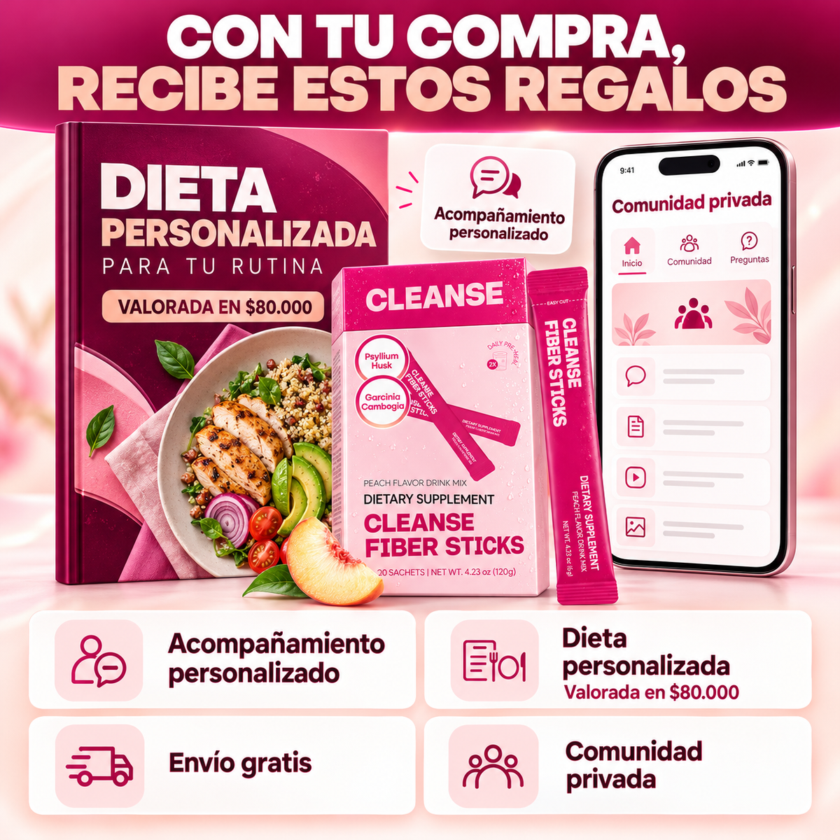 Acompañamiento + Dieta personalizada + Envío gratis + Comunidad privada
